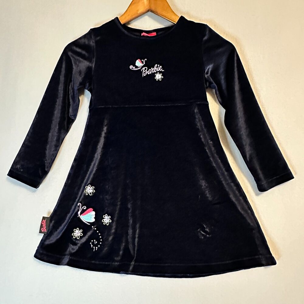 Barbie Dress Girls 6‎ Long Sleeve Purple Velour floral butterfly Mattel Y2K VTG